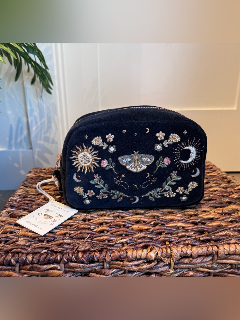 Elizabeth Scarlett Embroidered Celestial Velvet Cosmetic Bag - Black